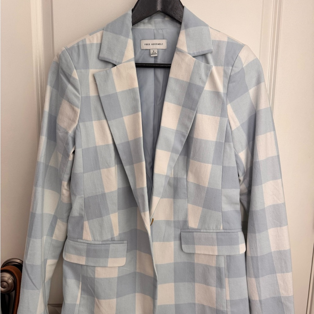 Blue and White Plaid Blazer Lightweight Suit Jacket